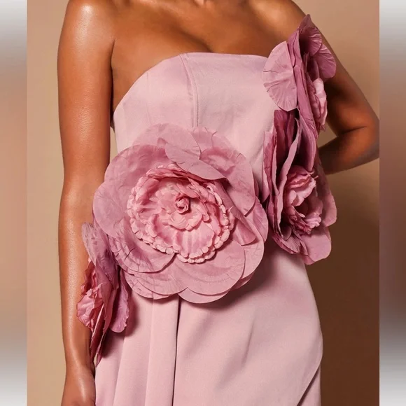 Draped large flower appliqués mini formal dress light pink - Picture 4 of 4